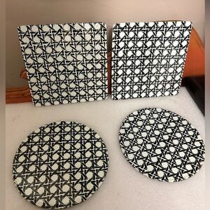 Vintage BALLONOFF 4 hot pads trivets kitchen black white cane 70s boho tiki tin